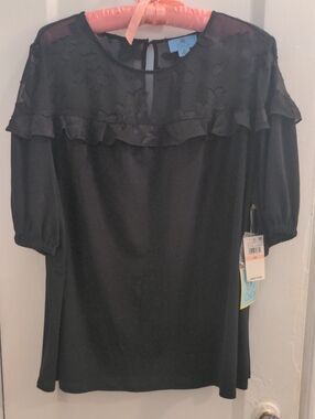 NWT CeCe Black Ruffle Yoke Sheer Floral Blouse, Sz 2X ,  Dressy Comfort, Party